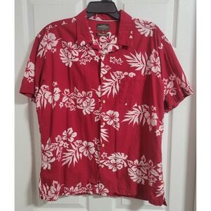 Quiksilver Waterman Button Up Shirt Mens Large Red Floral Hawaiian Short Sleeve